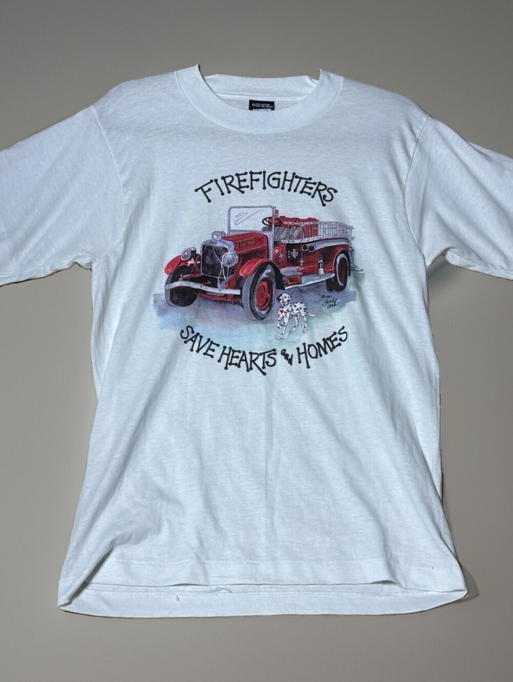 Vintage Sandy Lord 1991 Firefighters Save Hearts & Homes M Made USA T-Shirt